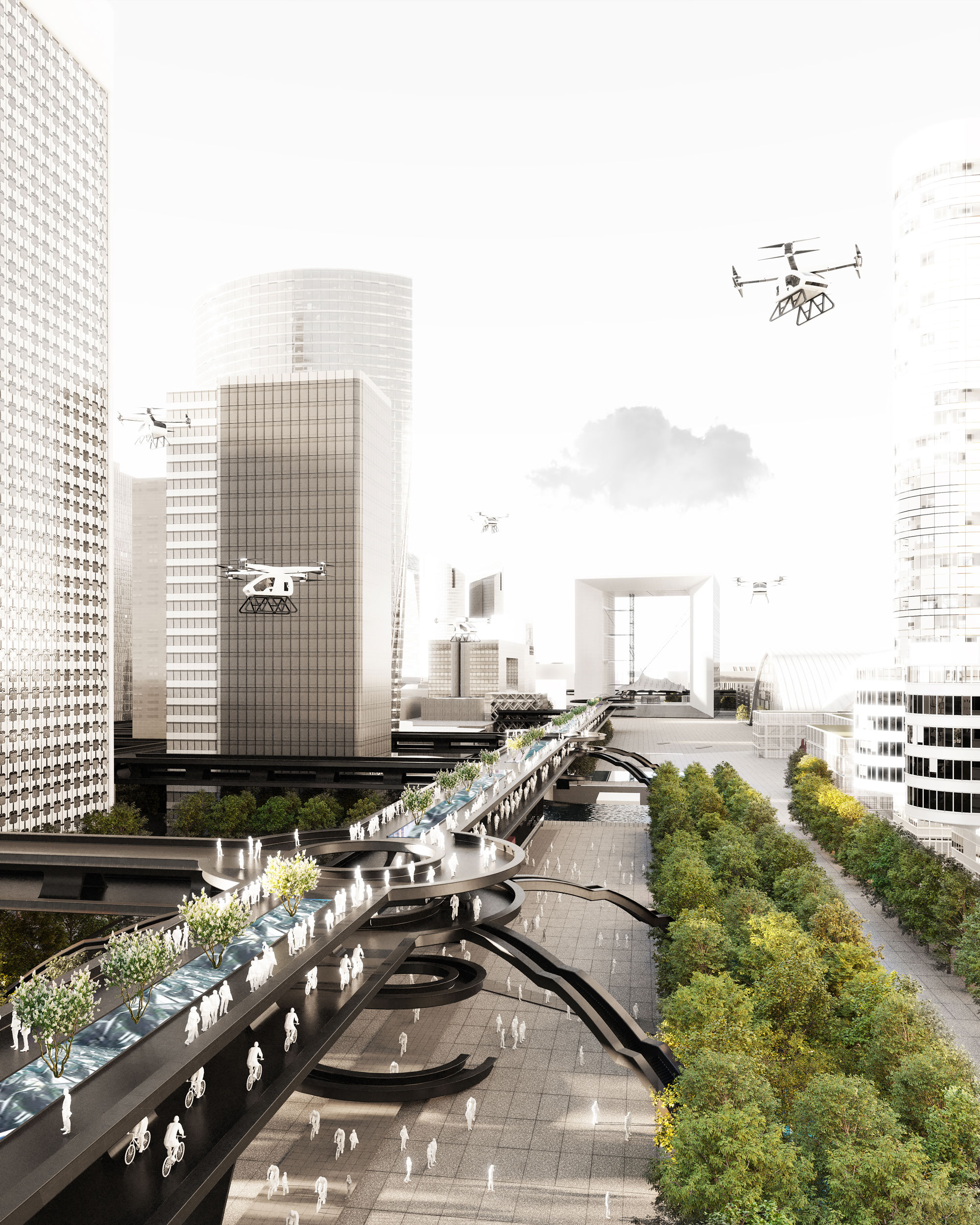 Le projet FLYING LANE se présente, sur la totalité de son tracé, sous la forme d’une passerelle à deux étages à La Défense (©Architectures Anne Démians)